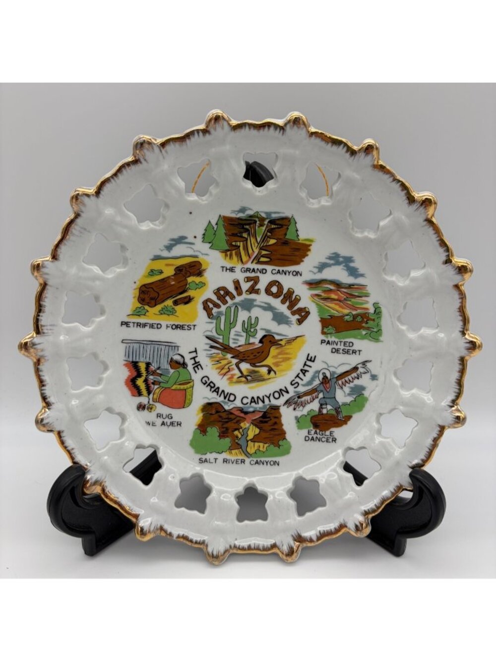 Vintage Arizona Grand Canyon State Souvenir Plate Korea Gold Rim Pierced Decor